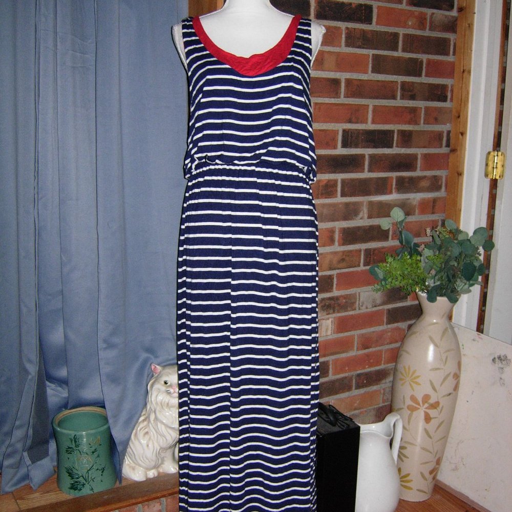 Style & Co Blue White Striped Cinched Waist Maxi Dress L